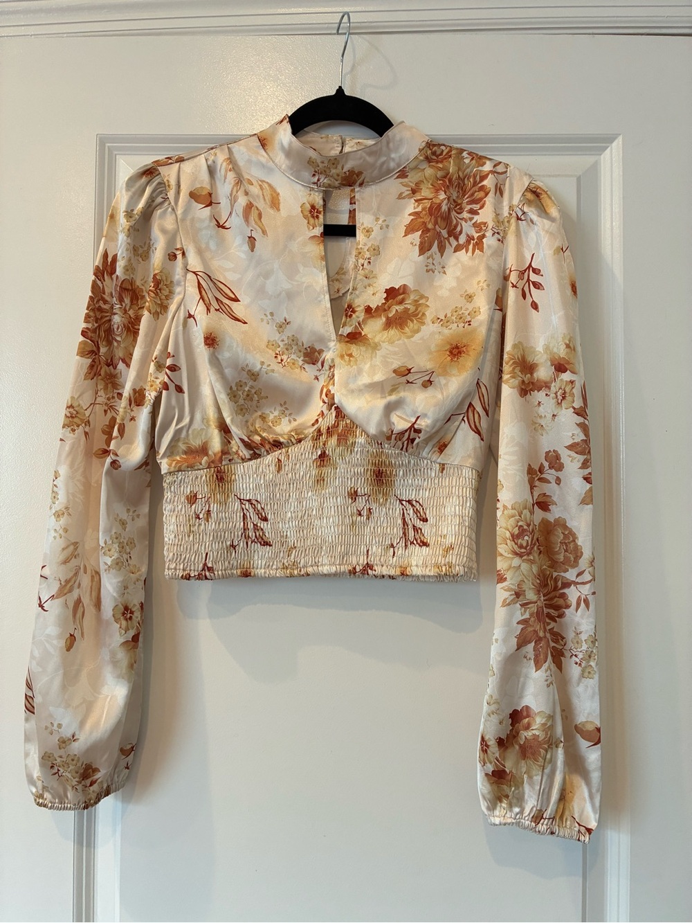 Floral Satin Long-Sleeve Crop